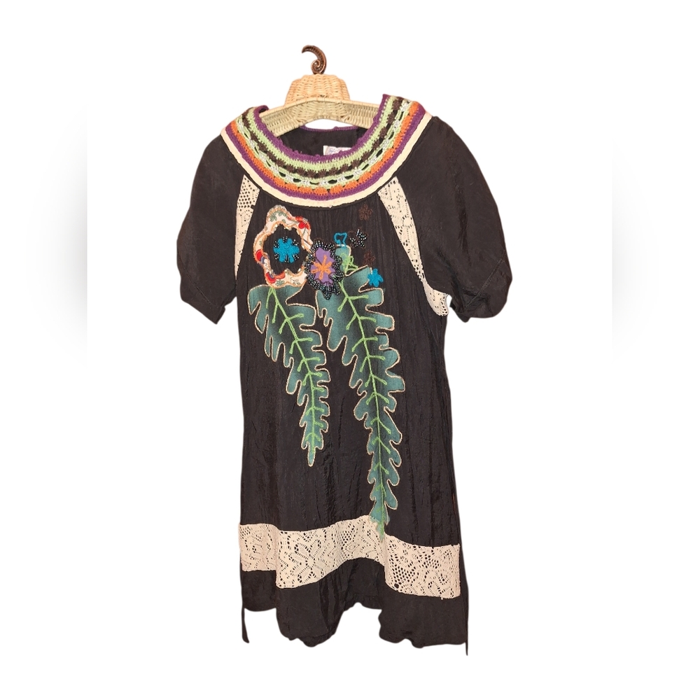 Bohemian Cotton Embellished Colorful Tropic Black DRESS M/L - fits small  floral